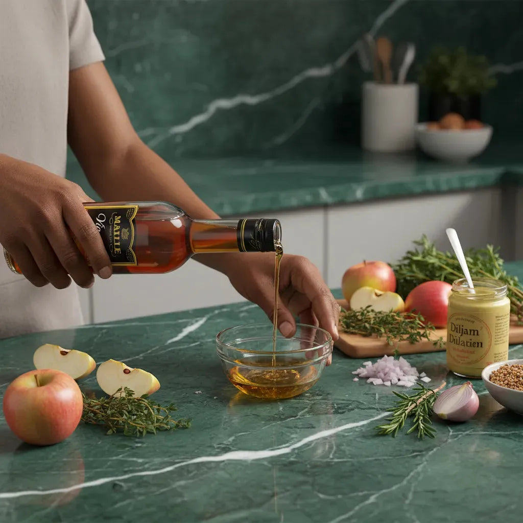 Versement du vinaigre de cidre MAILLE dans un bol sur plan de travail avec pommes, herbes et échalotes, idéal pour assaisonner vos plats.