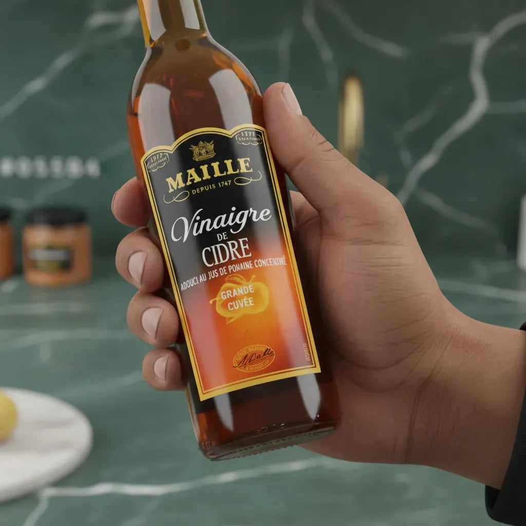 Main tenant une bouteille de vinaigre de cidre MAILLE Grande Cuvée, produit d’épicerie salée à base de jus de pomme concentré.