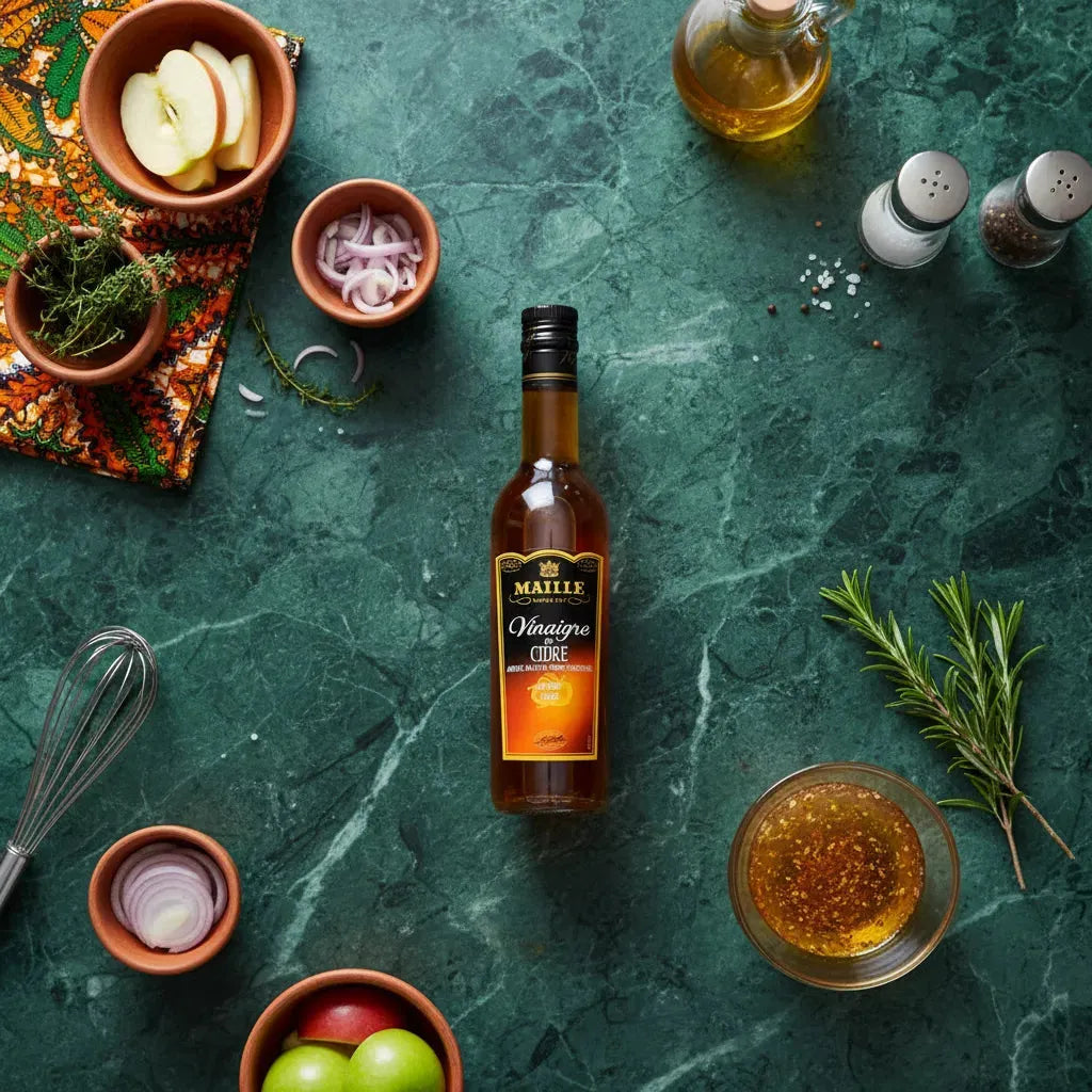 Bouteille de vinaigre de cidre MAILLE posée sur table verte entourée d’ingrédients frais, parfait pour recettes maison et salades.