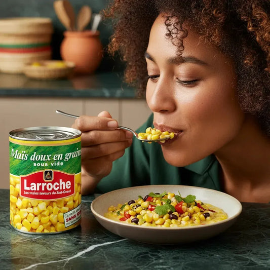 Femme dégustant un plat à base de Maïs Doux en Grains LARROCHE, prêt à l'emploi. Grains tendres et sucrés pour cuisine rapide et savoureuse.