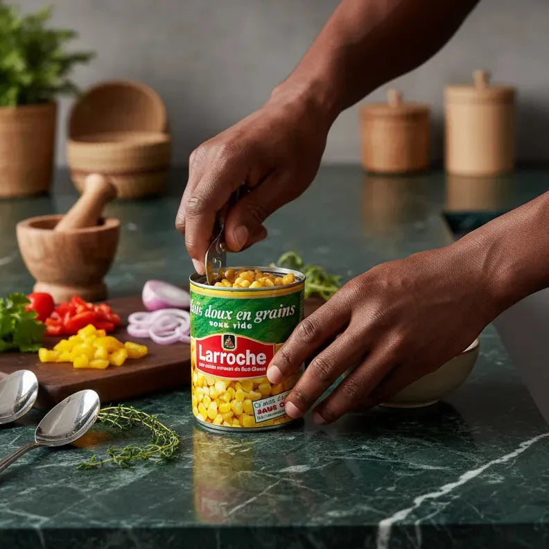 Ouverture d'une boîte de Maïs Doux en Grains LARROCHE sur plan de travail. Ingrédient pratique pour plats maison et salades fraîches.