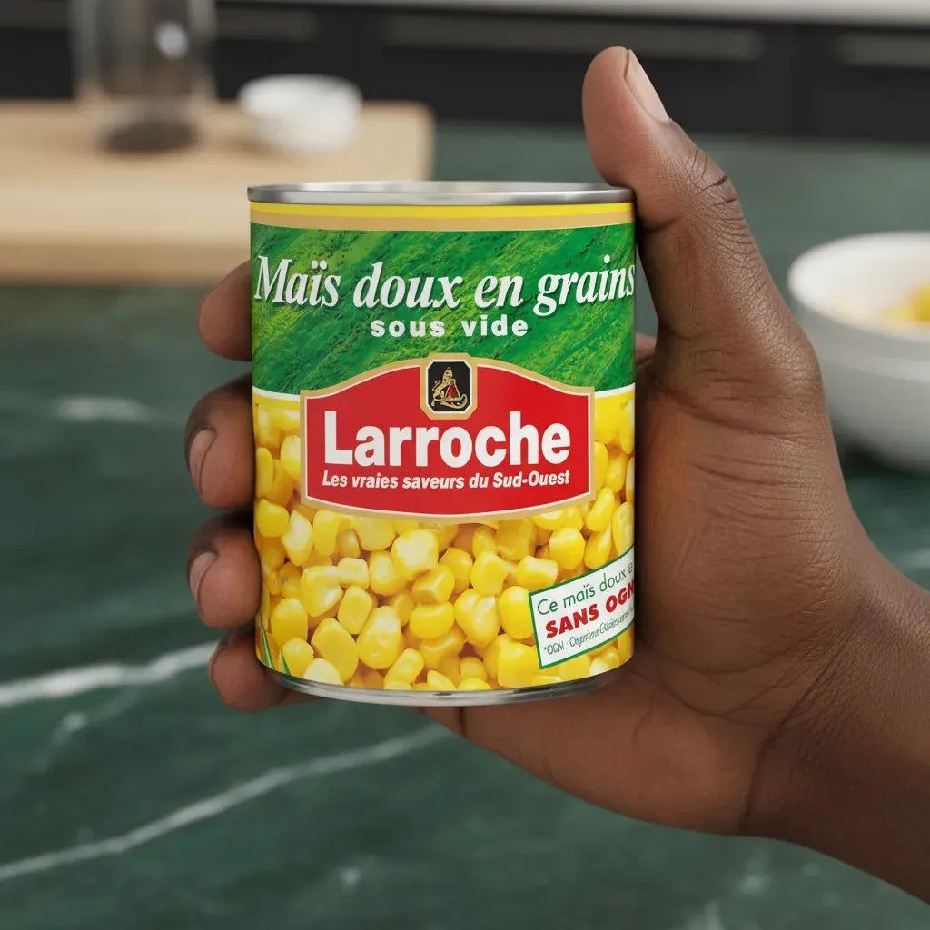 Main tenant une boîte de Maïs Doux en Grains LARROCHE, conserve pratique pour cuisine rapide. Produit sans OGM, prêt à l'emploi.
