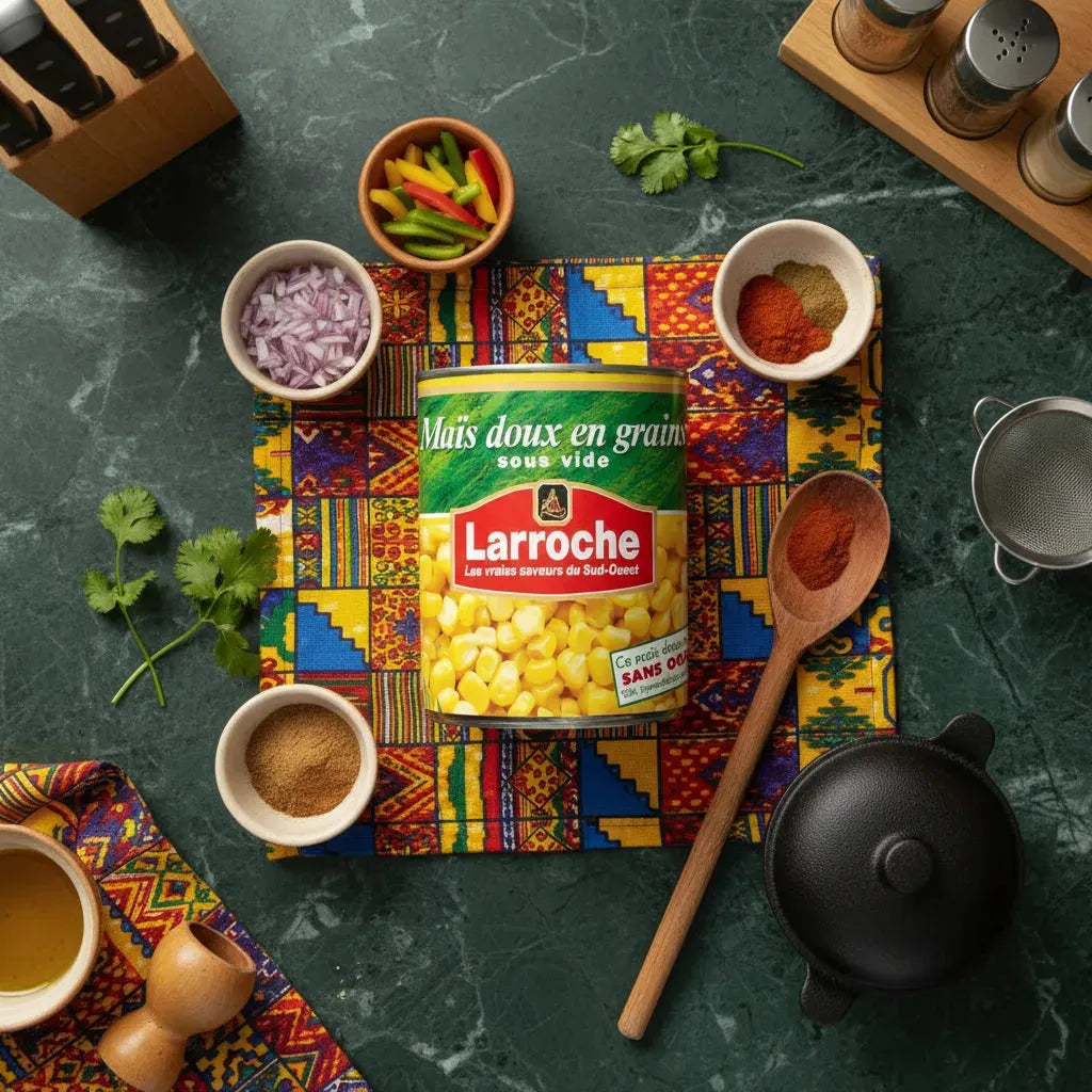 Boîte de Maïs Doux en Grains LARROCHE au centre d'ingrédients frais sur nappe colorée. Idéal pour recettes maison et plats exotiques.