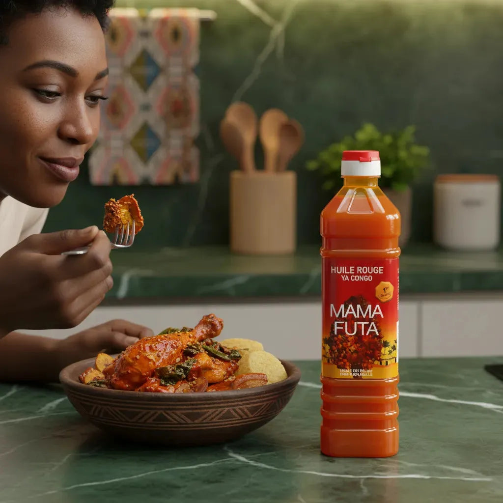 Huile de palme MAMA FUTA utilisée dans un plat africain traditionnel. Parfaite pour rehausser les saveurs en cuisine familiale.