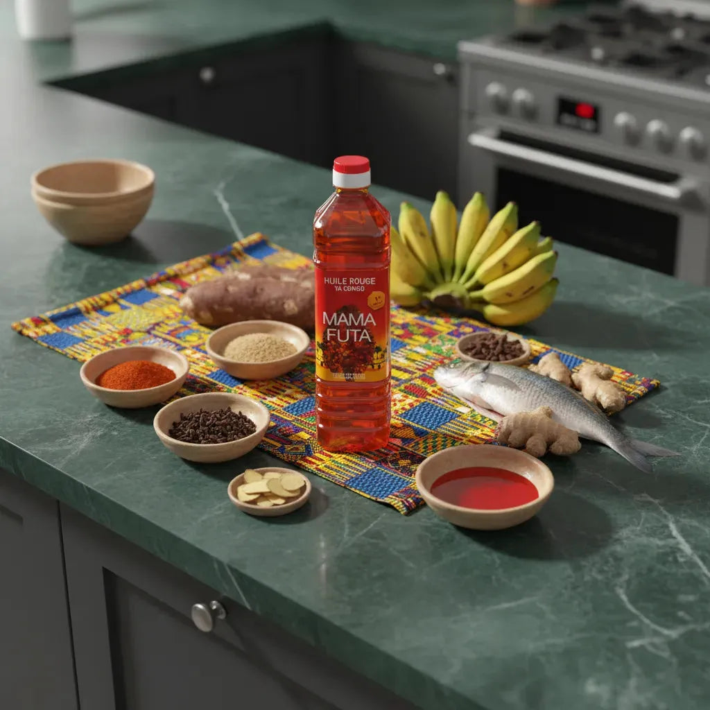 Bouteille d'huile de palme MAMA FUTA posée sur un plan de travail avec ingrédients africains. Huile culinaire pour cuisine authentique.