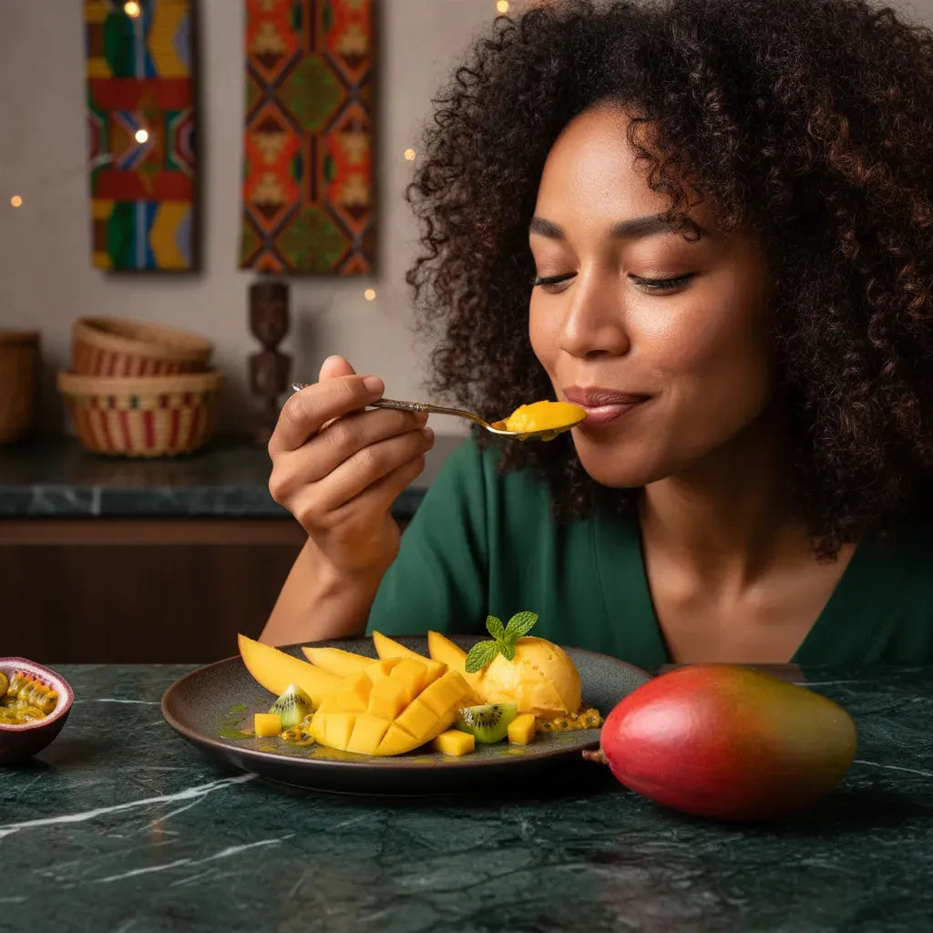 Femme savourant une mangue Kent découpée, pulpe dorée et sucrée servie avec fruits exotiques, ambiance gourmande et tropicale.