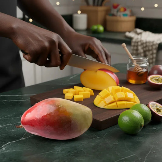Découpe d'une mangue Kent juteuse sur planche, pulpe dorée en cubes, accompagnée de fruits frais et miel pour recettes sucrées.