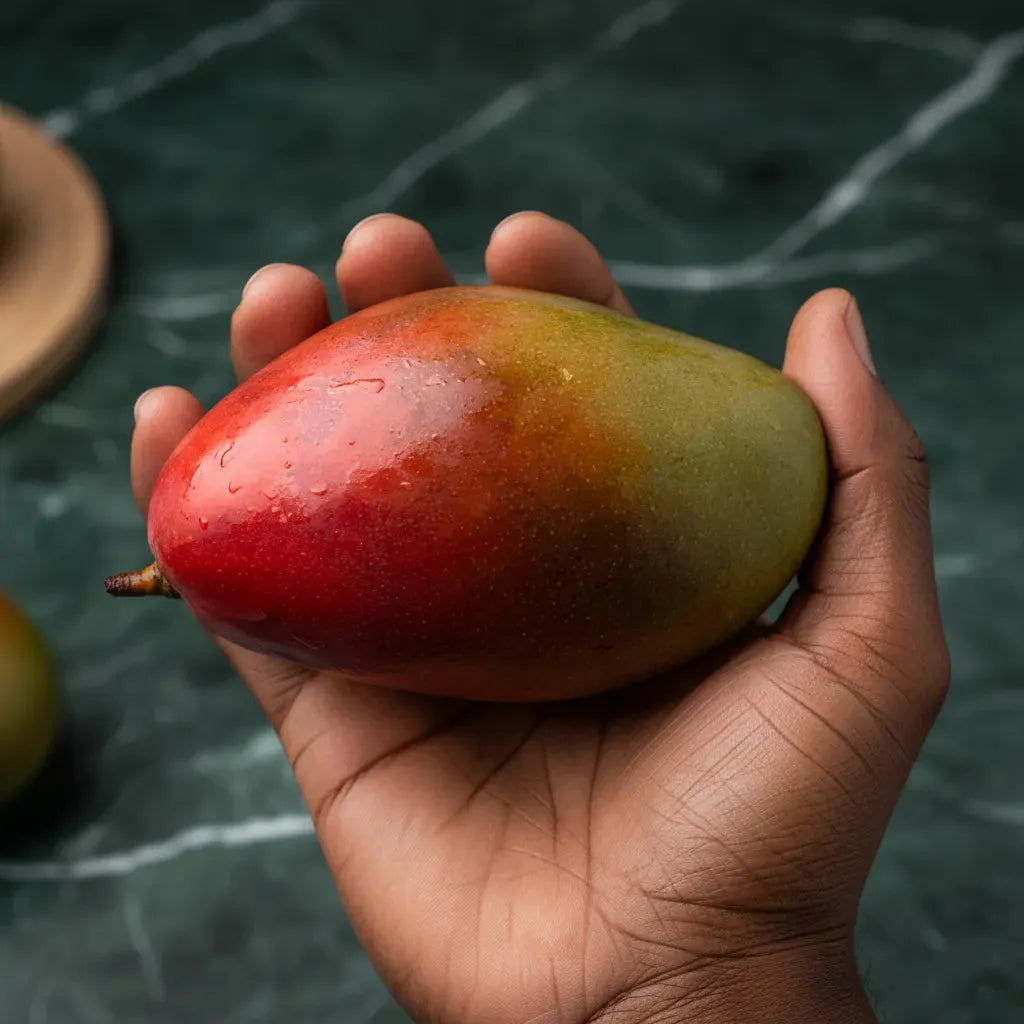 Mangue Kent juteuse tenue en main, peau rouge-verte lisse, parfaite pour plats tropicaux ou dégustation nature.