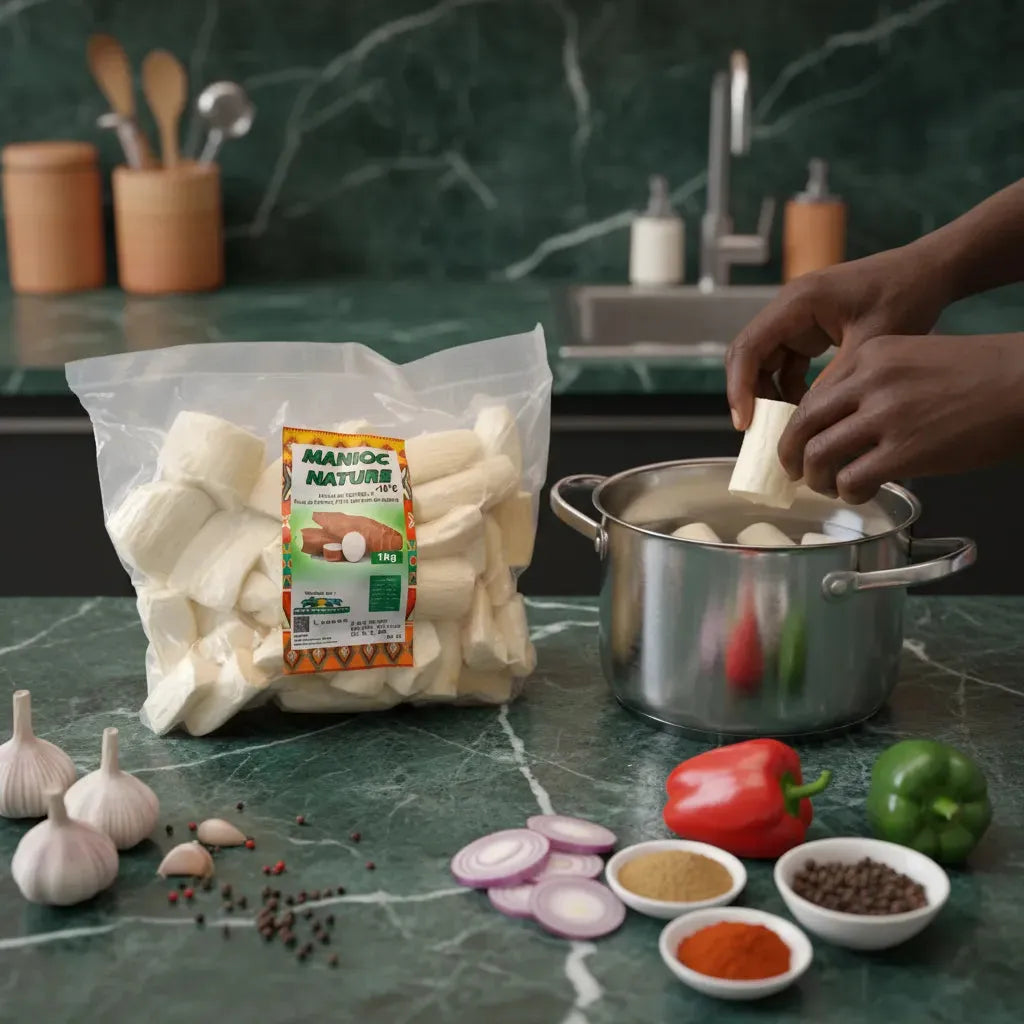 Préparation culinaire avec manioc surgelé pré coupé DIRECT EXOTIQUE, accompagné d'épices et légumes frais pour une cuisson rapide et nutritive.