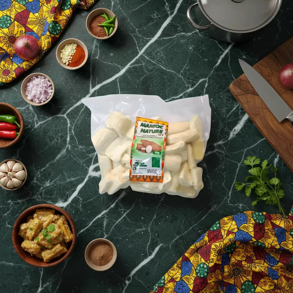 Sachet de manioc surgelé pré coupé DIRECT EXOTIQUE sur plan de travail avec ingrédients africains, idéal pour plats traditionnels riches en glucides.