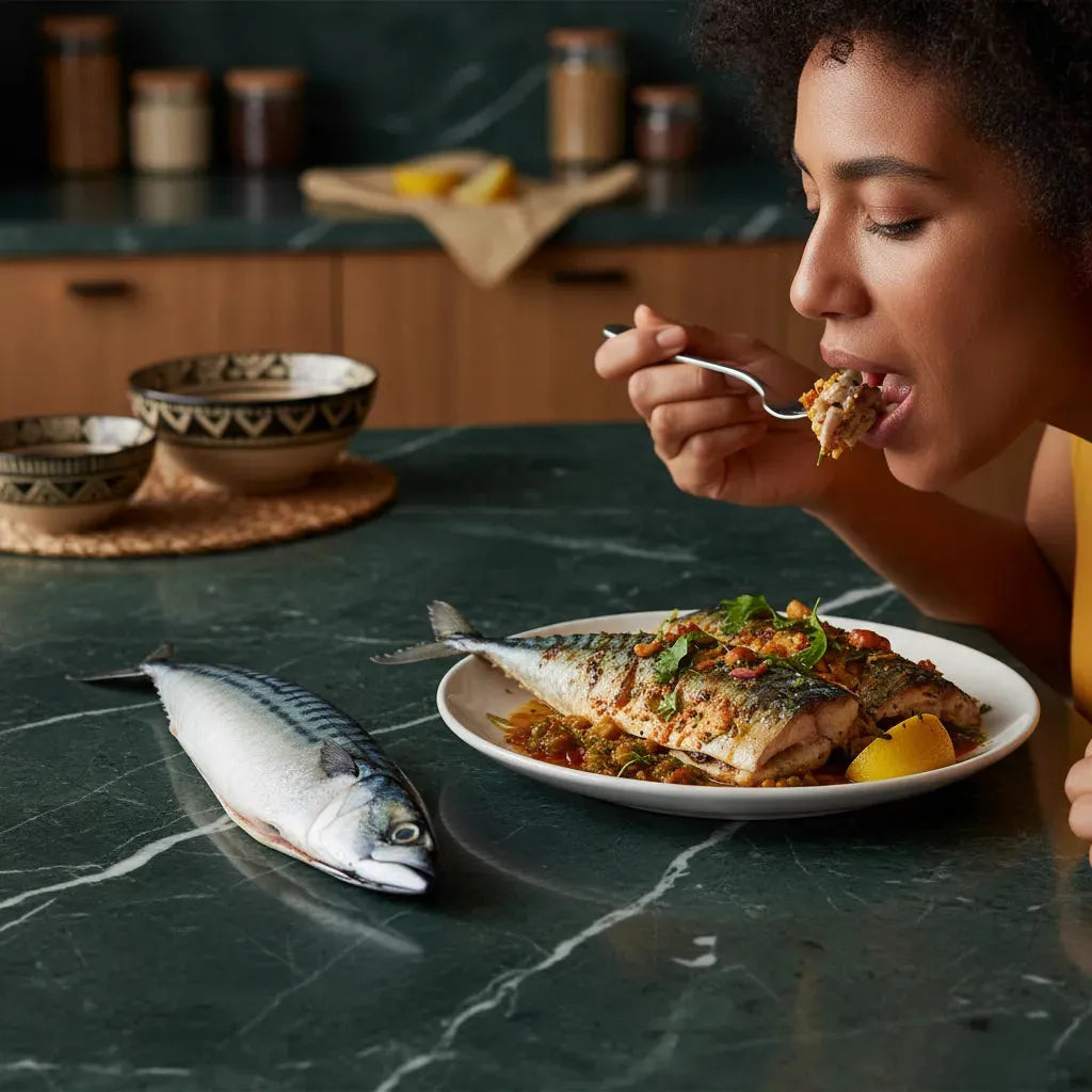 Femme dégustant un plat de maquereau grillé avec citron et herbes. Poisson riche en oméga-3, parfait pour repas équilibré.