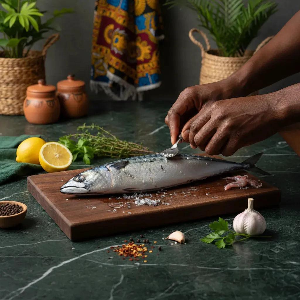 Préparation d’un maquereau frais sur planche en bois avec herbes, citron et ail. Poisson nutritif riche en oméga-3.