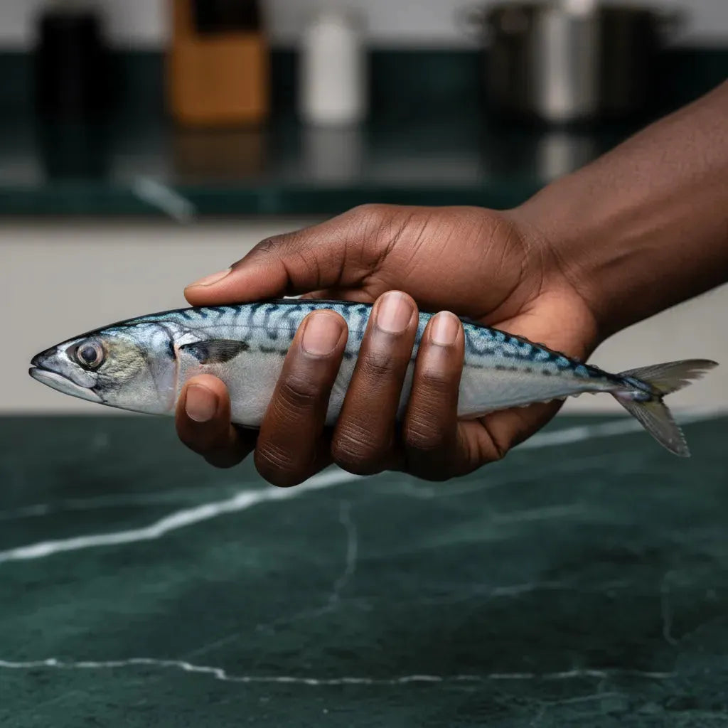 Main tenant un maquereau frais prêt à cuisiner. Source naturelle d’oméga-3 pour une alimentation saine et savoureuse.