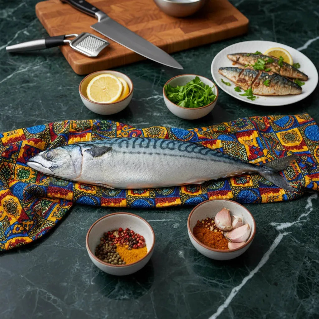Maquereau cru présenté avec épices, ail, citron et herbes sur une nappe colorée. Source saine de poissons riches en oméga-3.