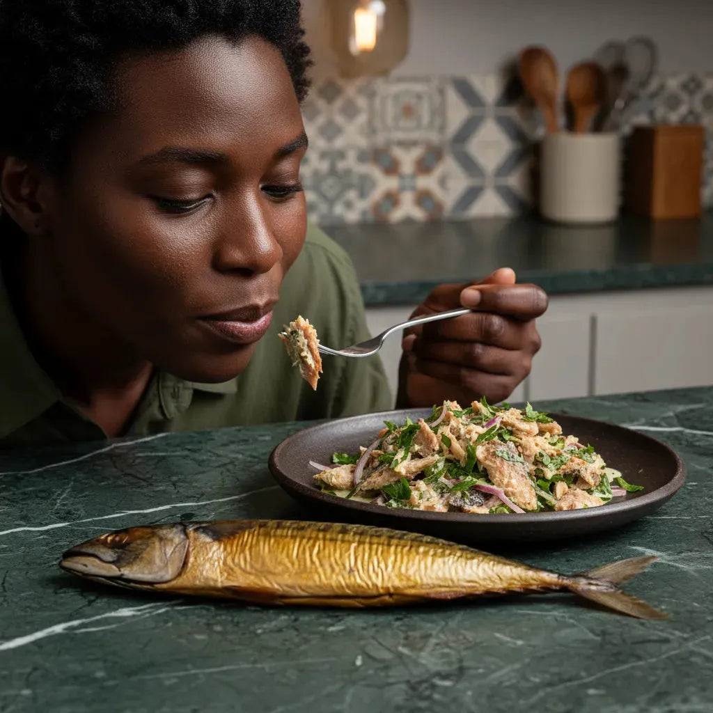 Femme dégustant un plat de maquereau fumé émietté, poisson entier en avant-plan. Acheter en ligne pour savourer ce poisson au goût intense.