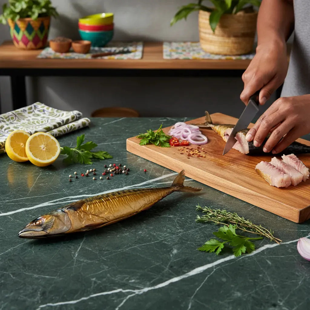 Préparation du maquereau fumé sur planche avec herbes fraîches, citron et épices. Acheter maquereau fumé en ligne pour recettes savoureuses.