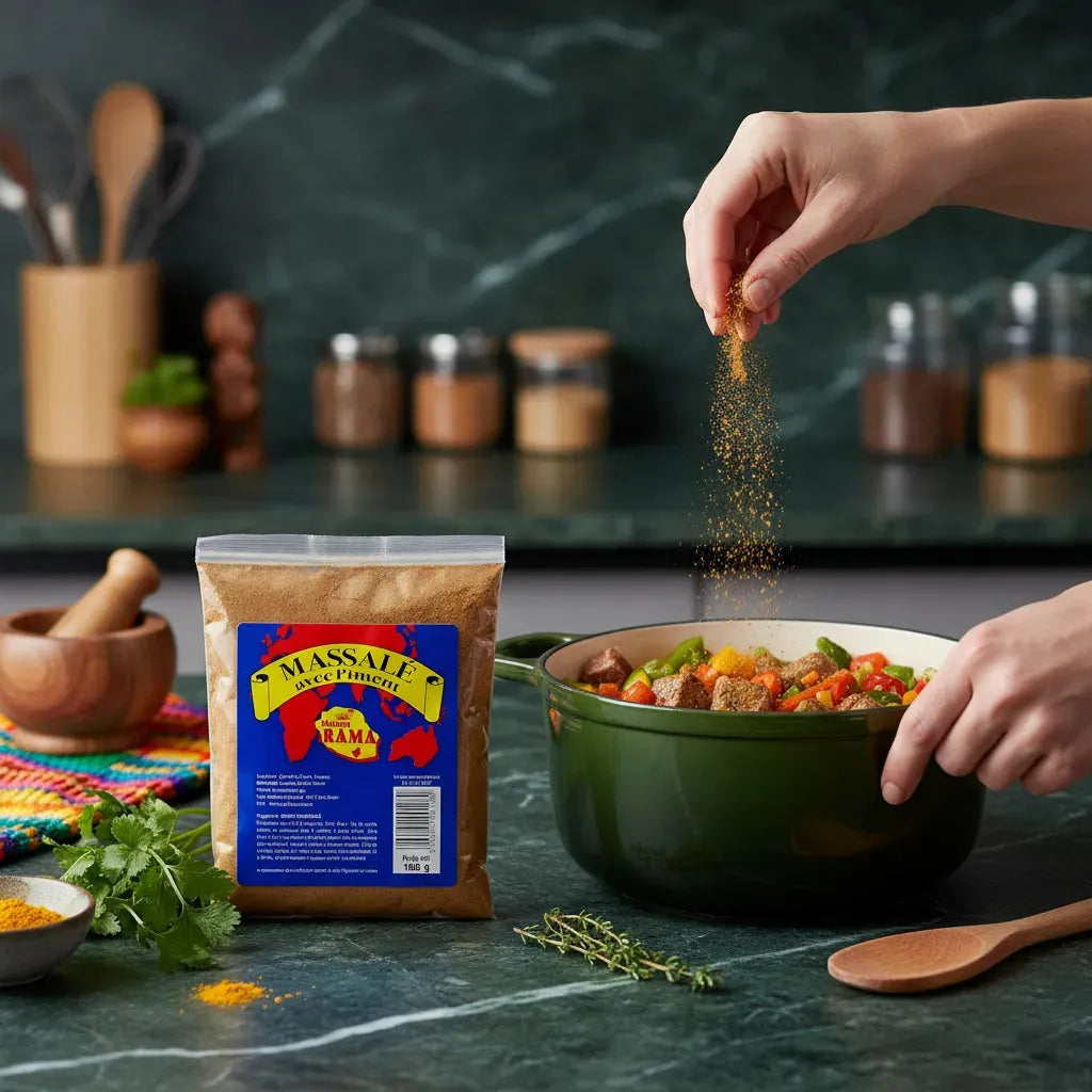 Utilisation du Massalé pimenté Bourbon MAISON RAMA dans une cocotte de légumes, parfait pour une cuisine riche en saveurs.