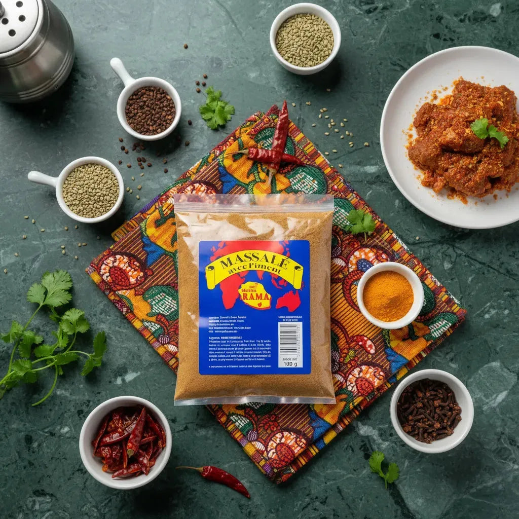 Massalé pimenté Bourbon MAISON RAMA présenté avec épices et plat cuisiné, idéal pour relever les plats exotiques et épicés.