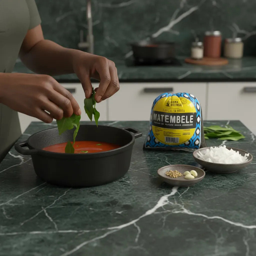 Feuille de Patate - Feuilles de patate douce Matembele ajoutées à une sauce, produit surgelé idéal pour recettes exotiques et nutritives.