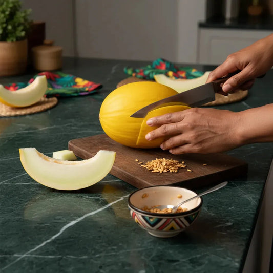 Préparation d’un melon frais sur une planche en cuisine. Pulpe juteuse idéale pour salades ou desserts fruités sucrés.