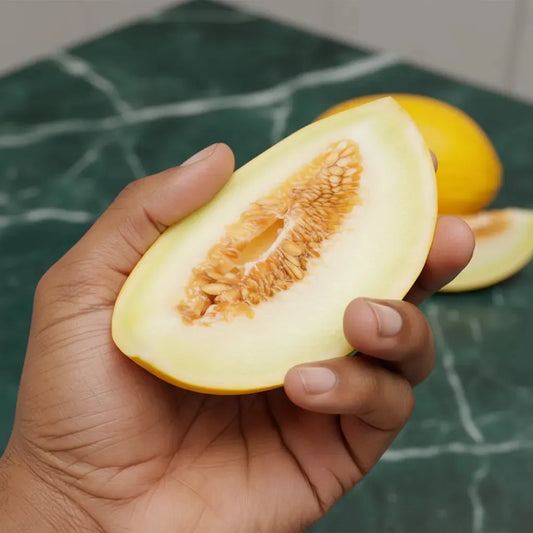 Main tenant une tranche de melon jaune à pulpe juteuse. Acheter melon frais pour une texture croquante et sucrée.