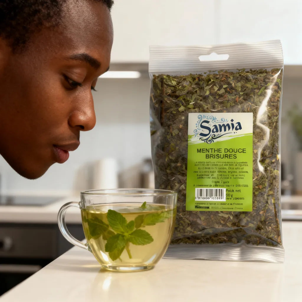 Homme appréciant une infusion à la menthe douce brisure SAMIA, parfaite pour boissons chaudes aux arômes rafraîchissants et naturels.