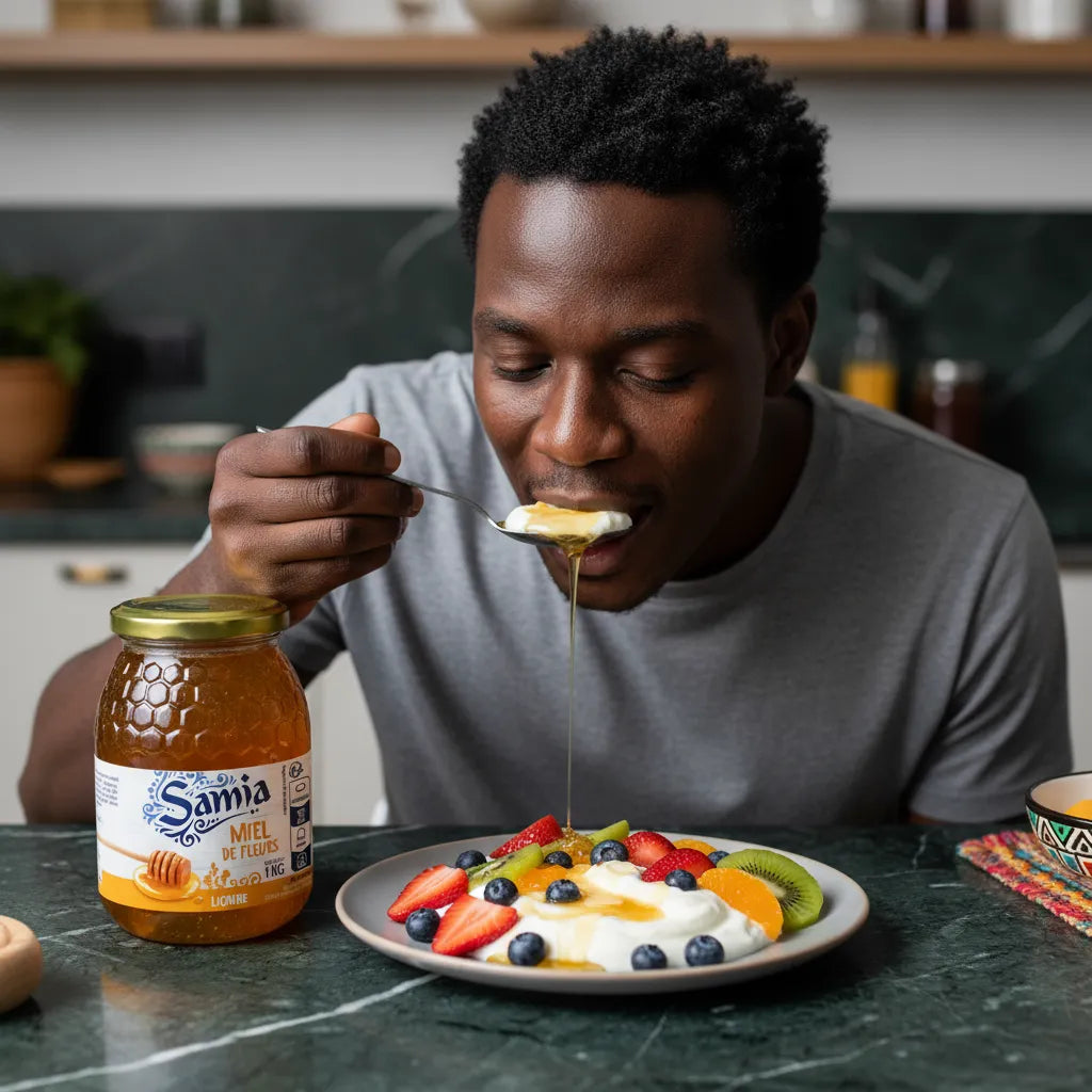 Homme dégustant un yaourt aux fruits nappé de miel de fleur SAMIA, miel naturel fluide idéal pour les petits-déjeuners sucrés.
