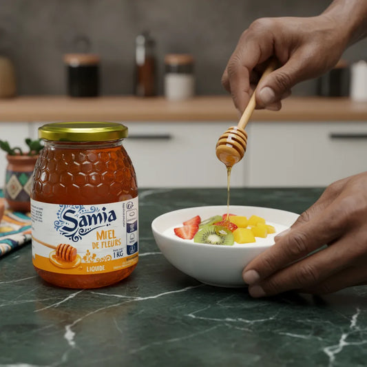 Main versant du miel de fleur SAMIA sur un bol de fruits frais, illustrant l'utilisation du miel fluide naturel en cuisine saine.
