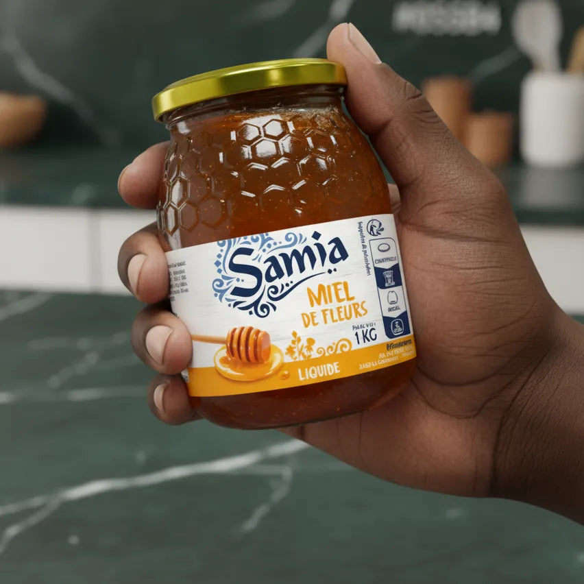 Main tenant un pot de miel de fleur SAMIA 1kg, miel naturel à texture fluide, idéal pour l'épicerie sucrée et les recettes maison.
