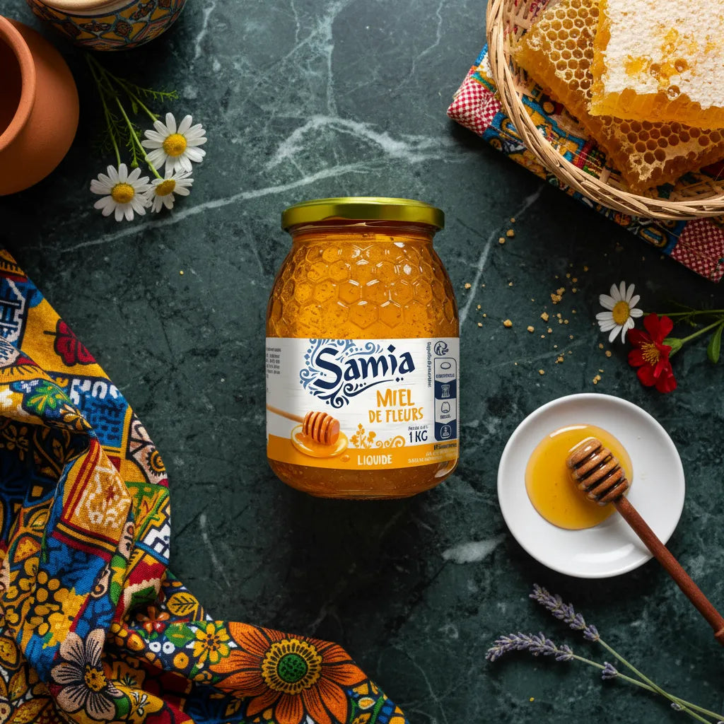 Pot de miel de fleur SAMIA posé sur une table décorée, entouré de rayons de miel et fleurs, parfait pour l'épicerie sucrée artisanale.