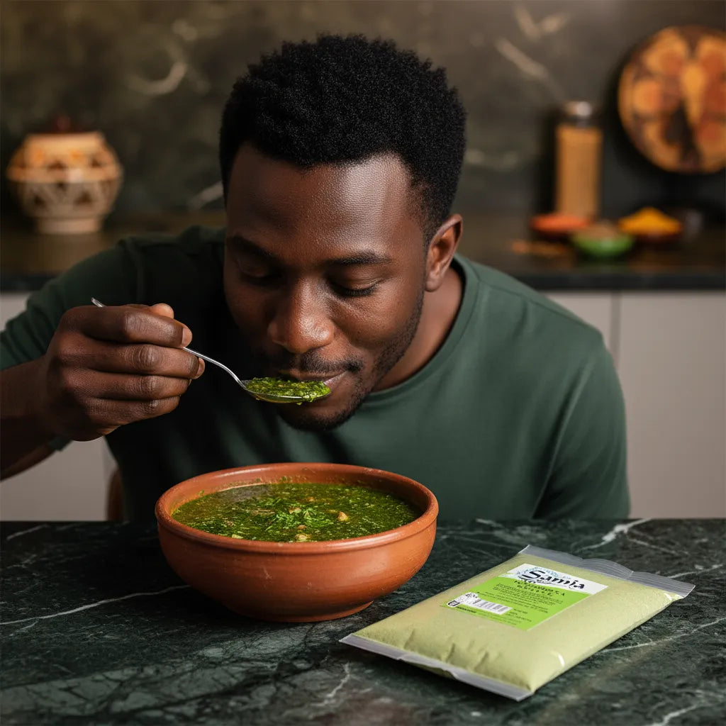 Dégustation d’un plat préparé avec la molokheya moulu SAMIA, soulignant sa richesse nutritionnelle et son goût authentique.