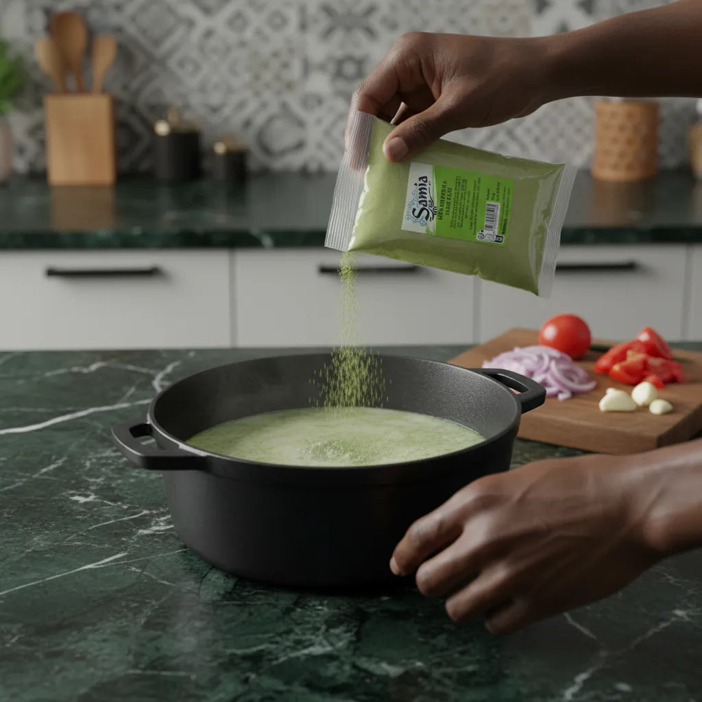 Ingrédient polyvalent Molokheya moulu SAMIA versé dans une marmite, parfait pour enrichir les recettes maison d'une touche nutritive.