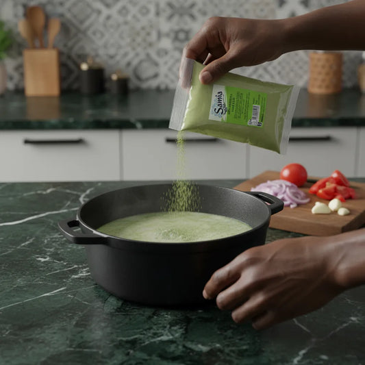 Ingrédient polyvalent Molokheya moulu SAMIA versé dans une marmite, parfait pour enrichir les recettes maison d'une touche nutritive.