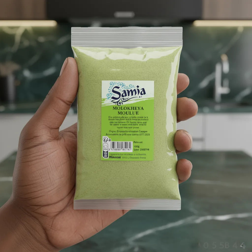 Poudre fine de molokheya SAMIA tenue en main, mettant en valeur son emballage pratique pour une utilisation facile en cuisine.