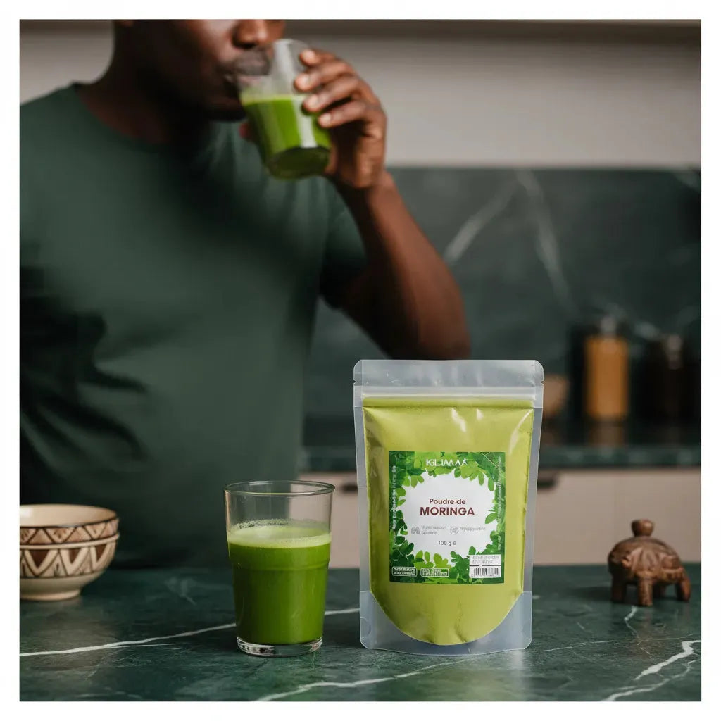 Homme dégustant une boisson verte préparée avec la poudre de moringa KILIMA - Bio, super-aliment riche en vitamines et minéraux.