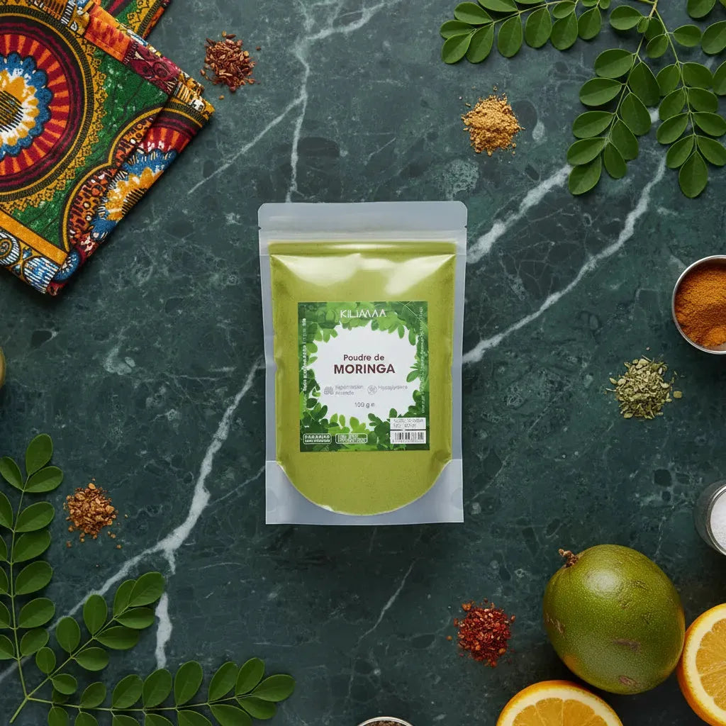 Sachet de poudre de moringa KILIMA - Bio entouré d'ingrédients naturels sur fond vert, parfait pour infusions et plats équilibrés.