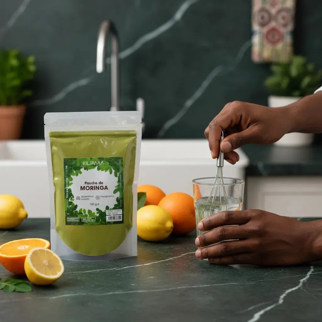 Préparation d'une infusion avec la poudre de moringa KILIMA - Bio, riche en nutriments, accompagnée de fruits frais en cuisine.
