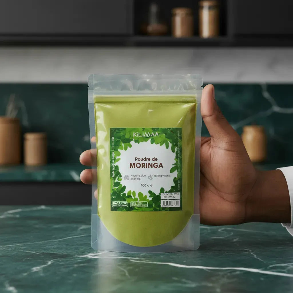 Main tenant un sachet de poudre de moringa KILIMA - Bio, super-aliment naturel pour boissons et recettes saines au quotidien.