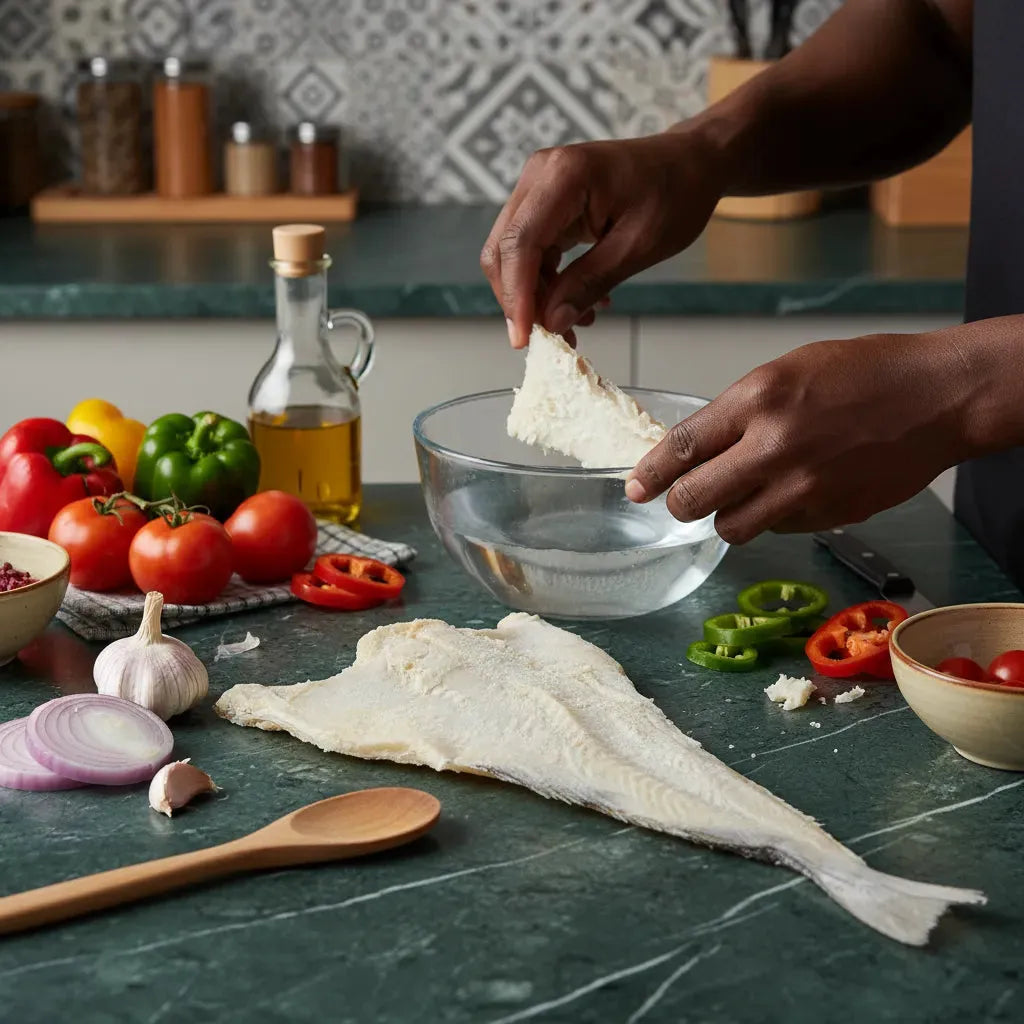 Préparation de morue Julienne salée séchée dans une cuisine moderne, accompagnée de légumes colorés. Ingrédient phare pour recettes authentiques.