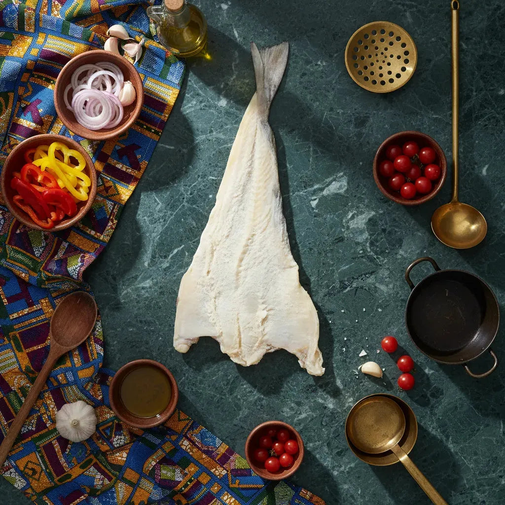 Morue salée séchée présentée avec légumes frais et ustensiles de cuisine, parfaite pour plats savoureux. Saveur unique et préparation artisanale.