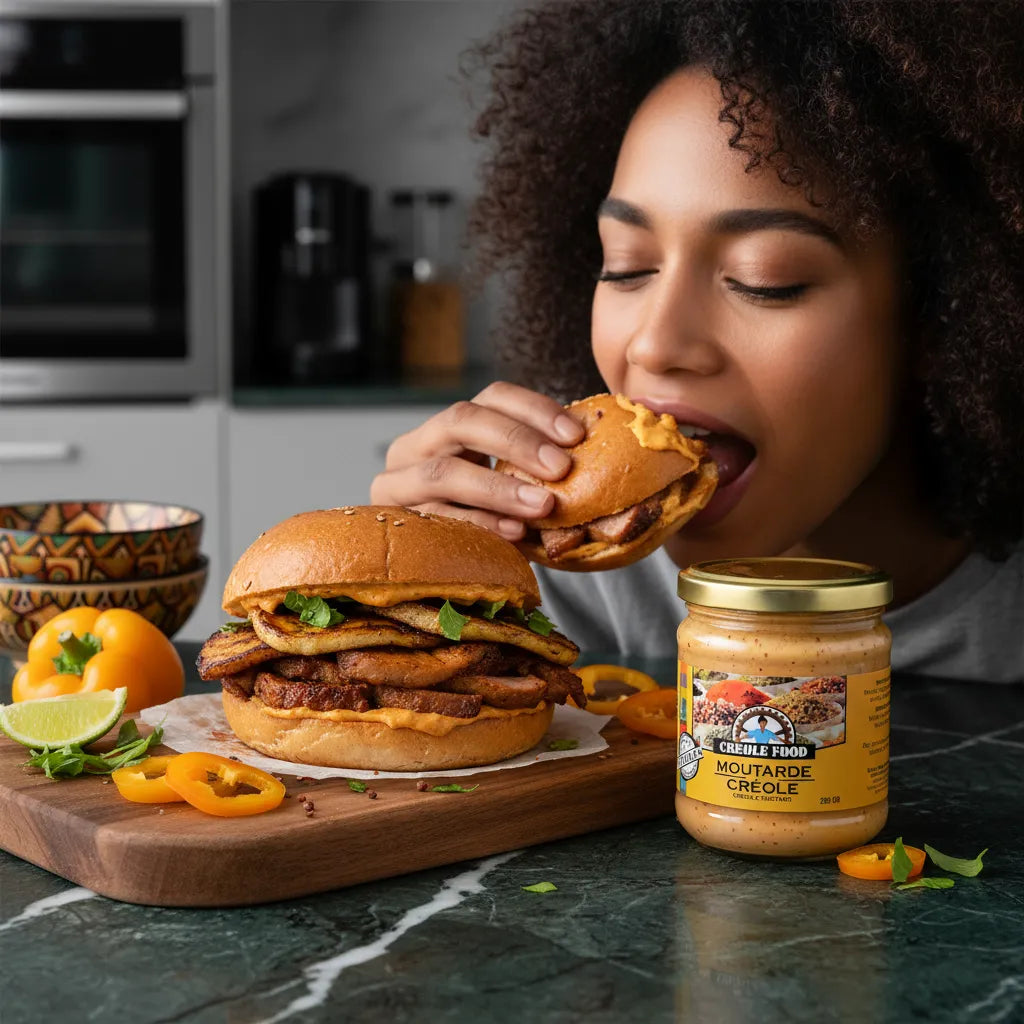 Femme dégustant un burger garni de moutarde créole CREOLE FOOD, condiment épicé idéal pour sauces et marinades aux saveurs antillaises.