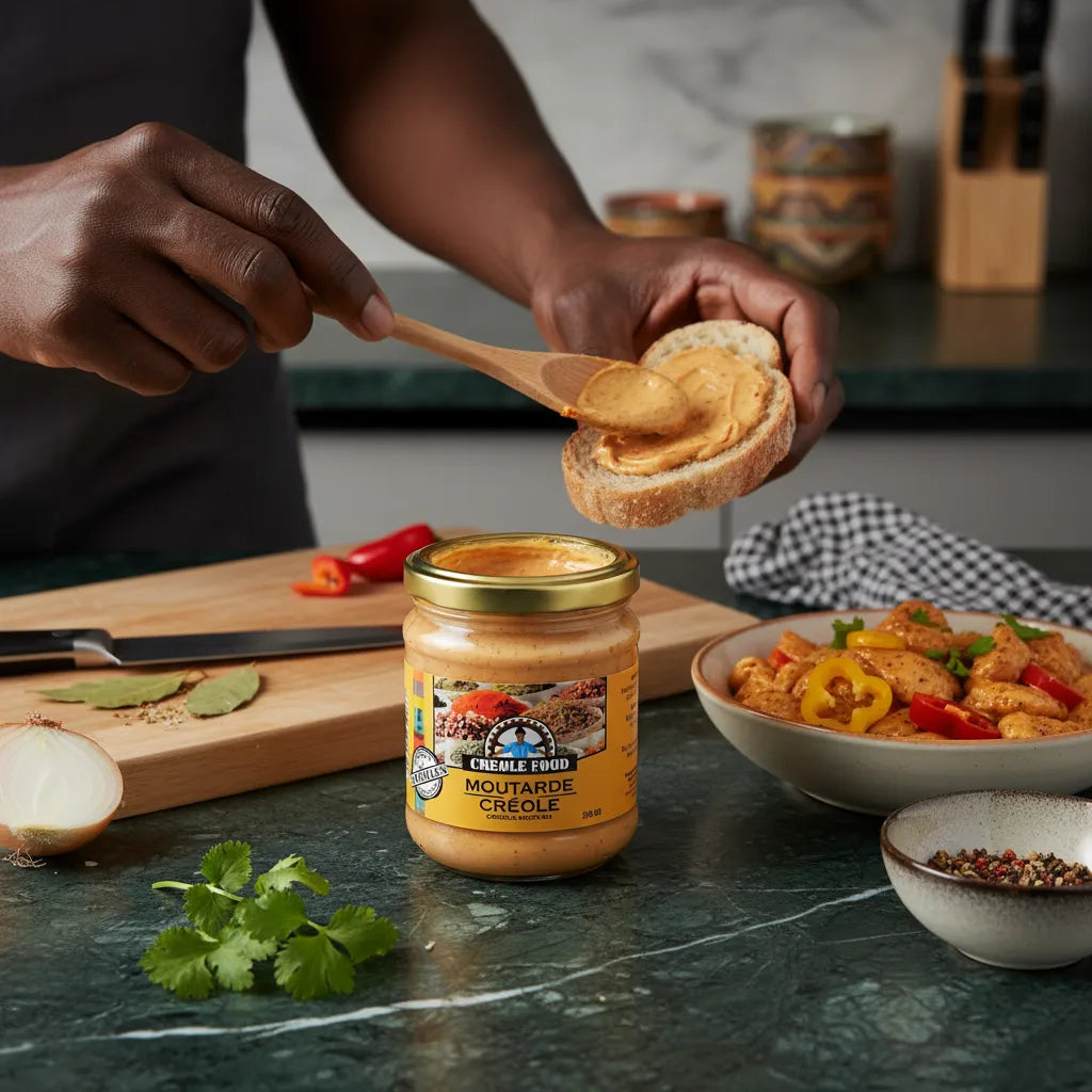 Personne tartinant du pain avec la moutarde créole CREOLE FOOD, idéale pour rehausser les plats avec ses épices antillaises et sa texture crémeuse.