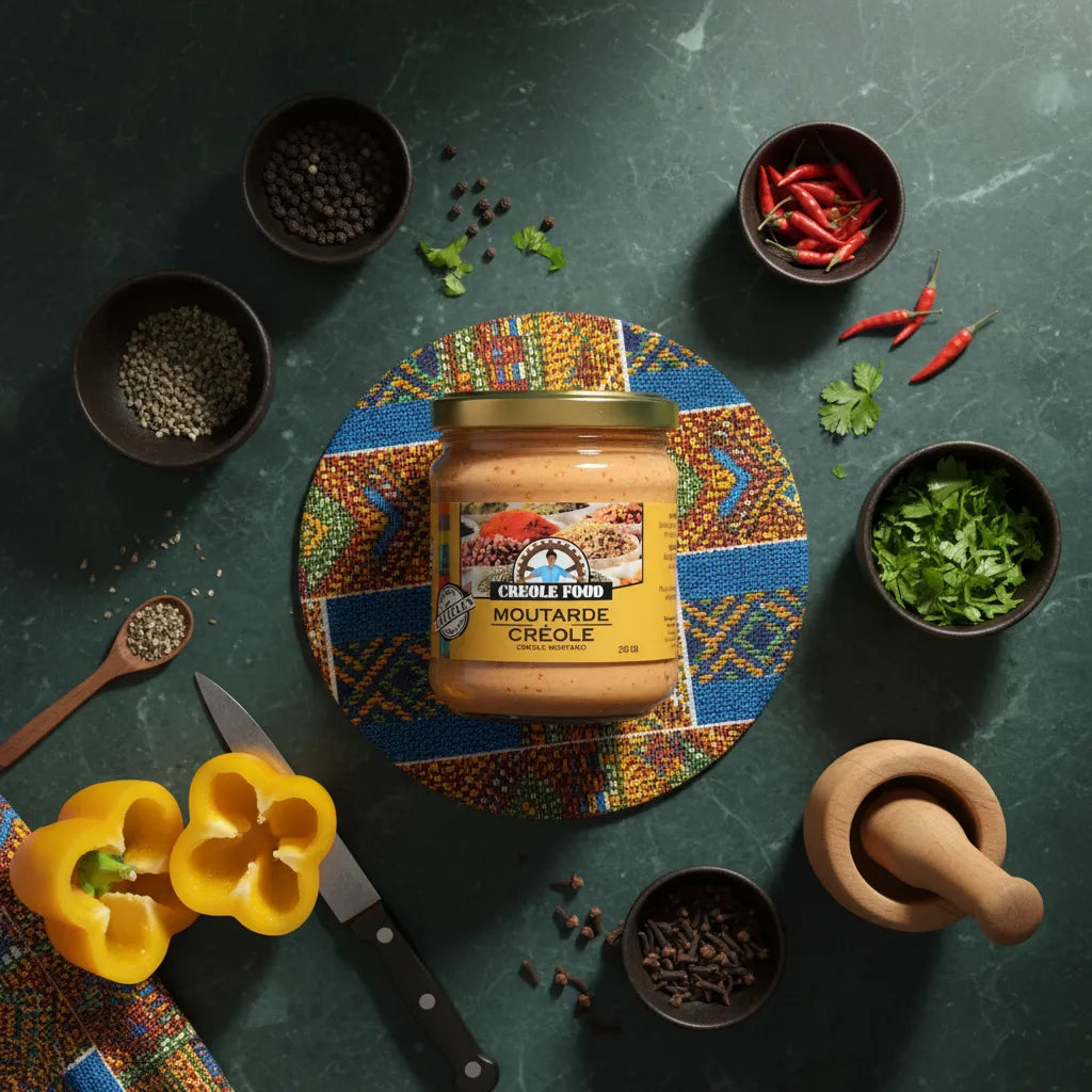 Pot de moutarde créole CREOLE FOOD entouré d'épices, poivrons et herbes, condiment épicé parfait pour cuisine créole et sauces relevées.
