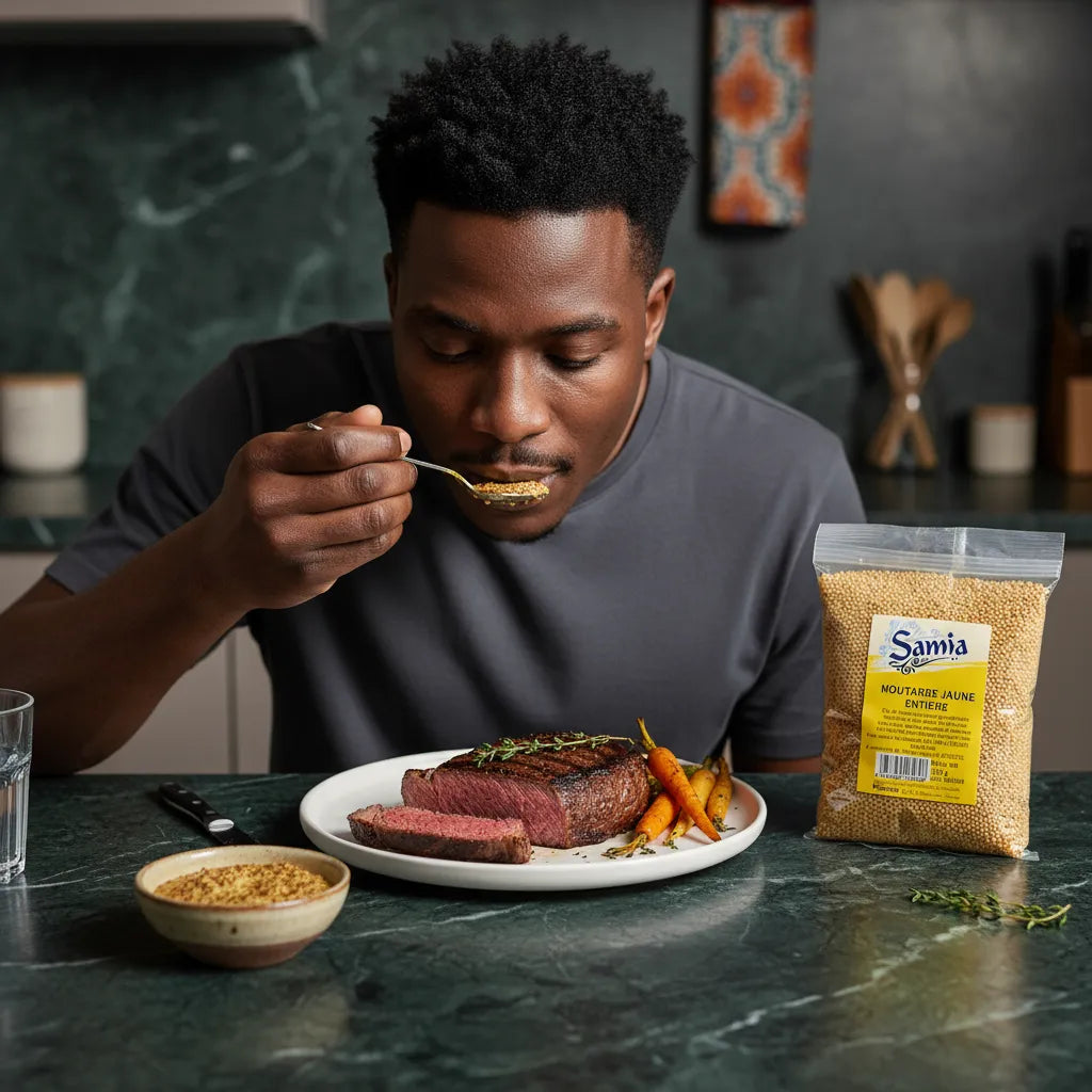 Homme dégustant un plat avec moutarde jaune entière SAMIA, idéale pour relever viandes et légumes, condiment épicerie salée.