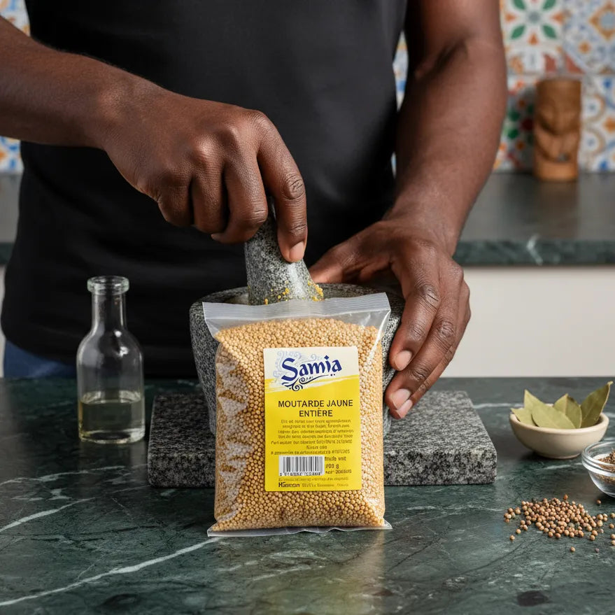 Préparation culinaire avec graines de moutarde jaune entière SAMIA dans mortier, condiment essentiel en épicerie salée.