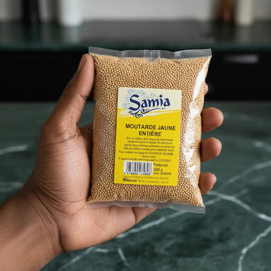 Main tenant un sachet de moutarde jaune entière SAMIA, graines piquantes idéales pour assaisonnement et plats maison.