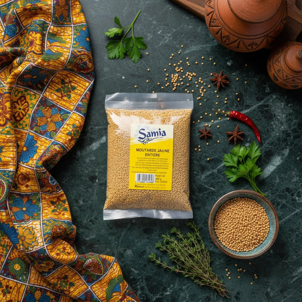 Sachet de moutarde jaune entière SAMIA posé sur table avec herbes et épices, parfait pour cuisine épicée et recettes variées.