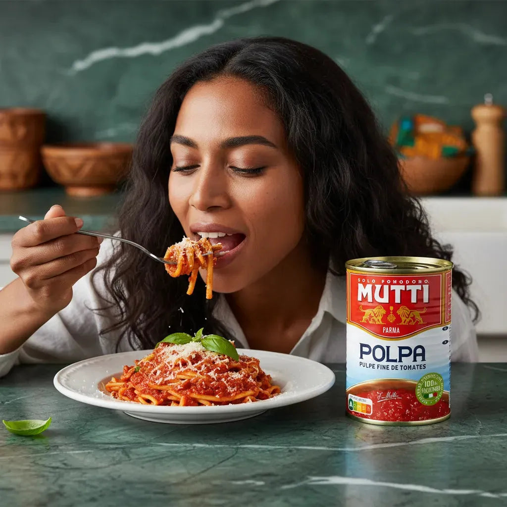Femme dégustant des pâtes préparées avec tomates concassées fines MUTTI, révélant une base savoureuse et authentique.