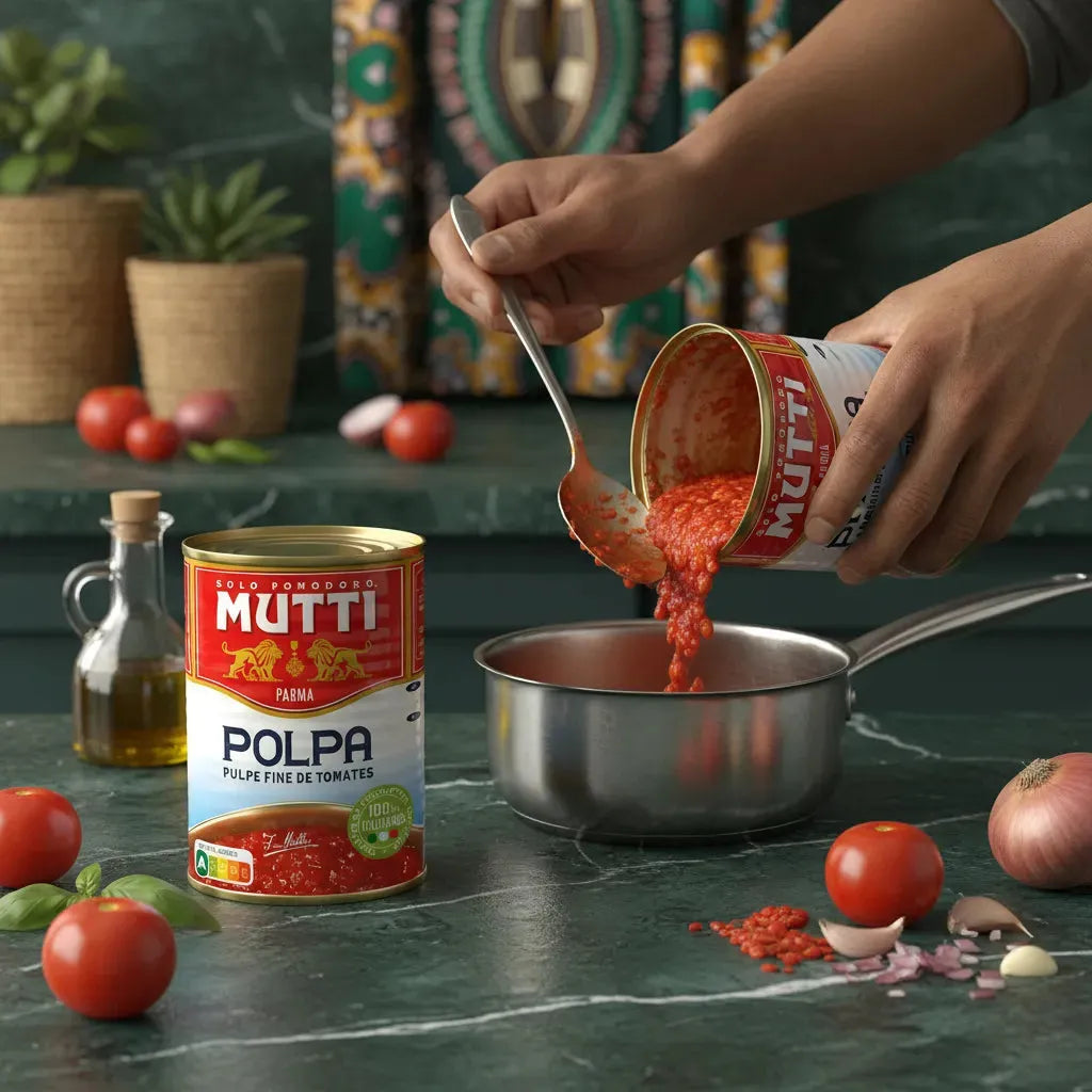 Préparation culinaire avec tomates concassées fines MUTTI versées dans une casserole, parfaites pour sauces riches et savoureuses.