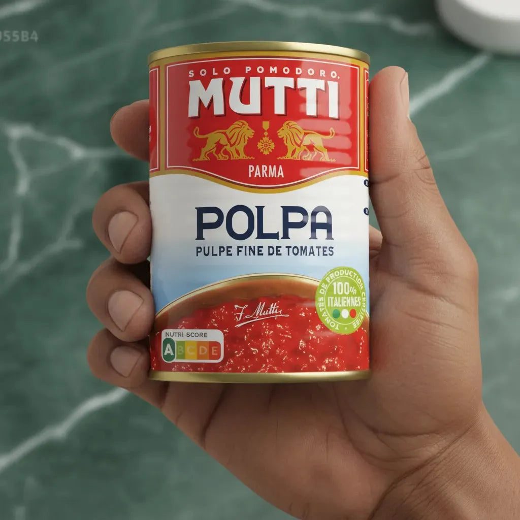 Main tenant une boîte de tomates concassées fines MUTTI - Tomates Concassées | Base Savoureuse, ingrédient essentiel en épicerie salée.